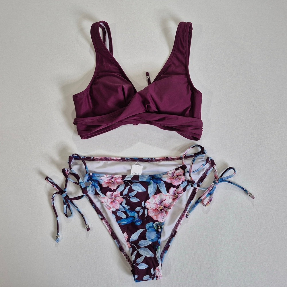CUPSHE Women Violet Purple wrap Bikini Set Floral Side Tie Bottoms New Medium